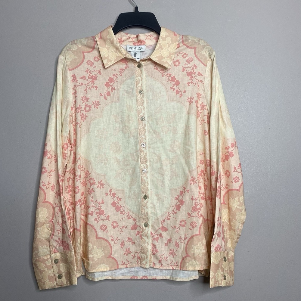 Rachel Zoe Women Sz M Linen Blend Long Sleeve Button‎ Up Shirt Coral Floral